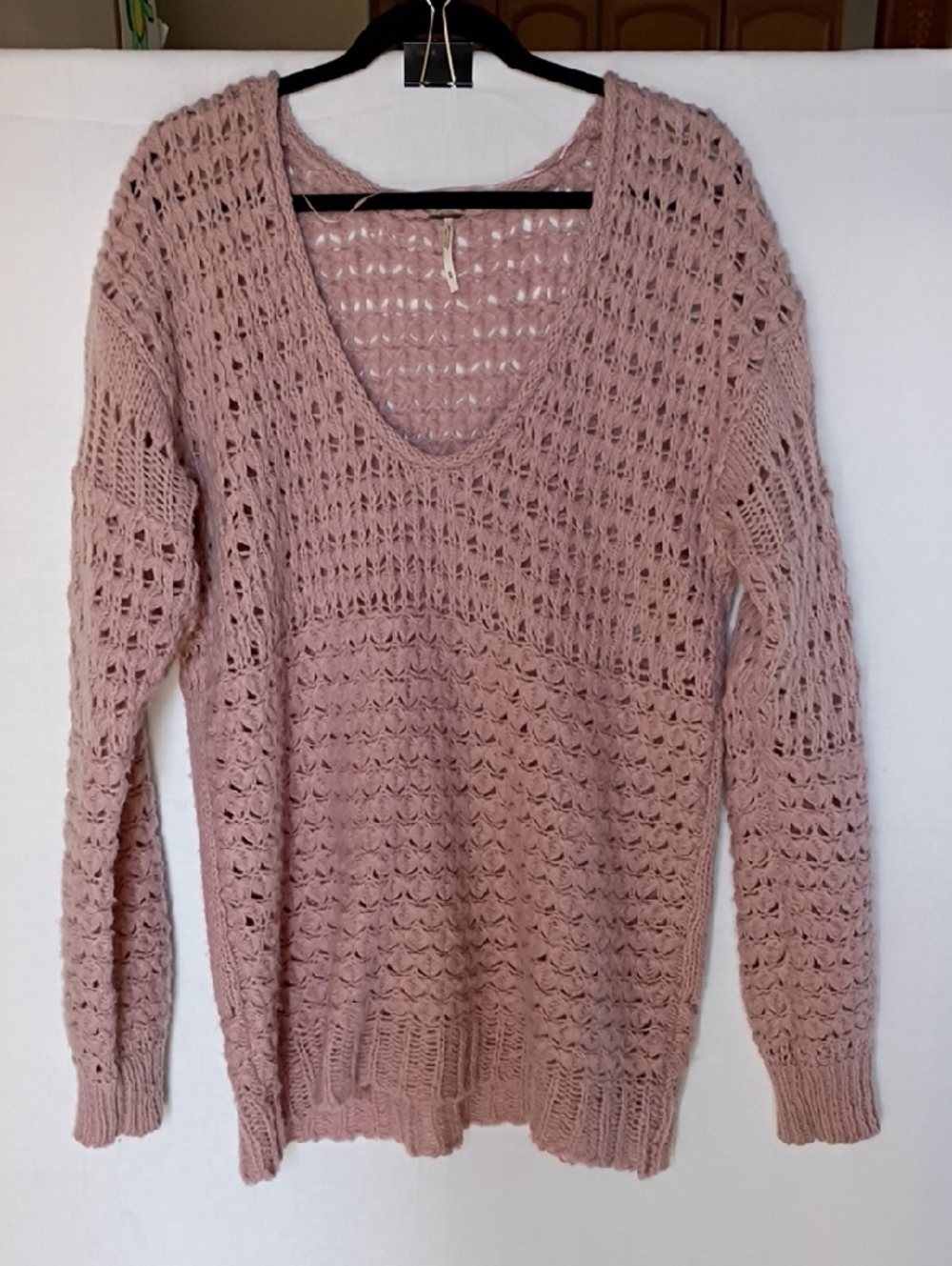 Free People Openwork V-Neck Sweater Mauve Crashing Waves Size M - Picture 3 of 9
